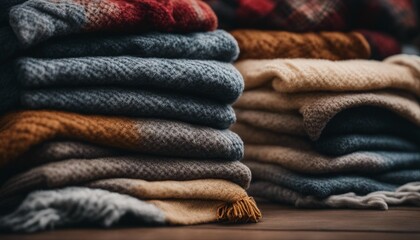 luxurious cashmere-textured plaid scarves, stacked in layers in the background 
