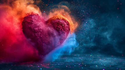 An explosion of vibrant powdered colors forms a heart shape.. copy space. generative ai  - obrazy, fototapety, plakaty