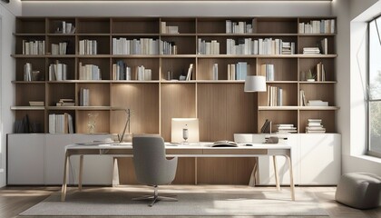 minimalist study room with wall covered with books, daylight lighting, bright colours

