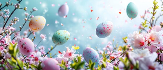 Easter composition with Painted Easter eggs and spring flowers appear flying or suspended in mid-air against a bright blue backdrop, line composition. Easter card with copy space