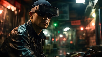 Cinematic shot of young guy with VR glasses are having fun to use augmented reality technology.