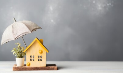 home and property insurance concept: toy house and plant under an umbrella, space for text