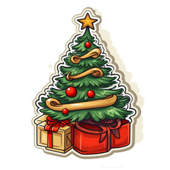 Sticker, flat, cartoon, Christmas tree, surrounded by 2 gifts, white background сreated with Generative Ai