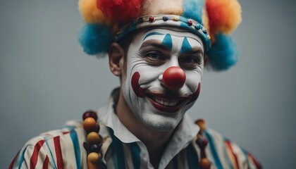 portrait of adult human smiling clown, isolated grey background
