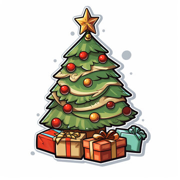 Sticker, flat, cartoon, Christmas tree, surrounded by 2 gifts, white background сreated with Generative Ai