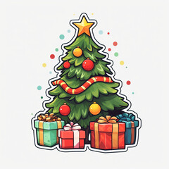 Sticker, flat, cartoon, Christmas tree, surrounded by 2 gifts, white background сreated with Generative Ai