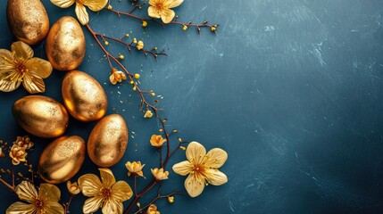Fototapeta na wymiar Elegant golden Easter eggs with shimmering flowers on a serene blue background. Easter card top view