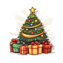 Sticker, flat, cartoon, Christmas tree, surrounded by 2 gifts, white background сreated with Generative Ai