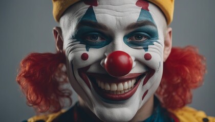 portrait of adult human smiling clown, isolated grey background

