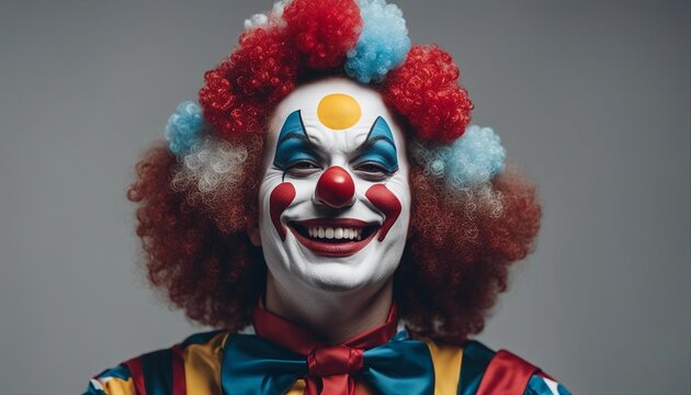 portrait of adult human smiling clown, isolated grey background
