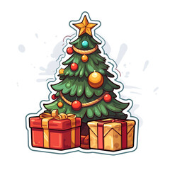 Naklejka premium Sticker, flat, cartoon, Christmas tree, surrounded by 2 gifts, white background сreated with Generative Ai