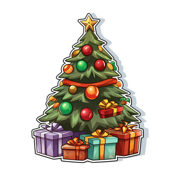 Sticker, flat, cartoon, Christmas tree, surrounded by 2 gifts, white background сreated with Generative Ai