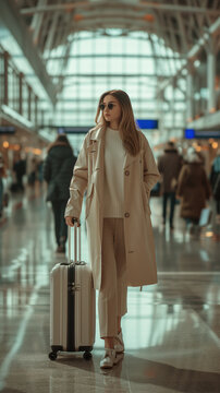 woman in beige suit with case in airport