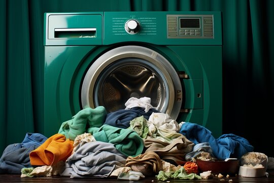 Laundry overload   pile of dirty laundry next to washing machine, symbolizing cleanliness concept