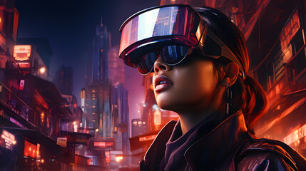 Fototapeta premium Cinematic shot of young girl with VR glasses are having fun to use augmented reality technology.