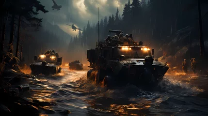 Fototapeten Military convoy of tactical vehicles crossing a river using specialized amphibious capabilities © TANVEER