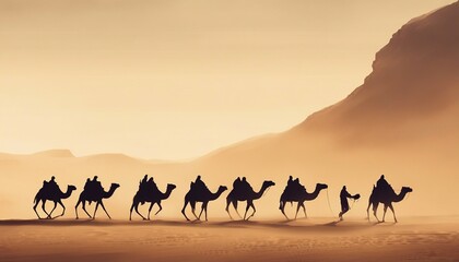 side view of silhouettes of camels and their owners moving in single file in a sandstorm in the desert
 - obrazy, fototapety, plakaty