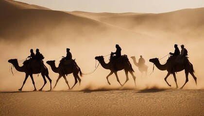 side view of silhouettes of camels and their owners moving in single file in a sandstorm in the...