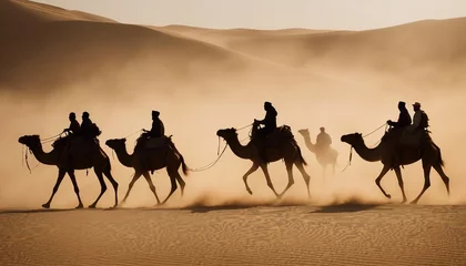 Gordijnen side view of silhouettes of camels and their owners moving in single file in a sandstorm in the desert  © abu