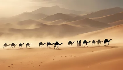 Foto auf Alu-Dibond side view of silhouettes of camels and their owners moving in single file in a sandstorm in the desert  © abu