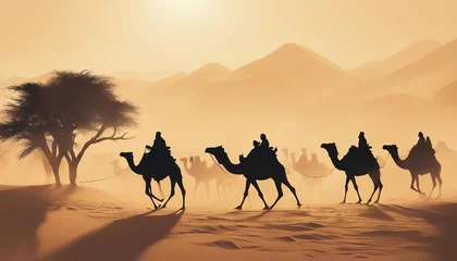  side view of silhouettes of camels and their owners moving in single file in a sandstorm in the desert  © abu