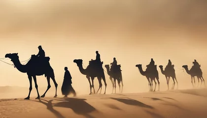 Zelfklevend Fotobehang side view of silhouettes of camels and their owners moving in single file in a sandstorm in the desert  © abu