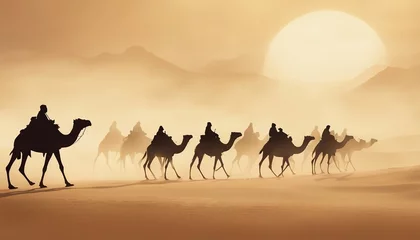 Keuken spatwand met foto side view of silhouettes of camels and their owners moving in single file in a sandstorm in the desert  © abu