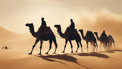 Zelfklevend Fotobehang side view of silhouettes of camels and their owners moving in single file in a sandstorm in the desert  © abu