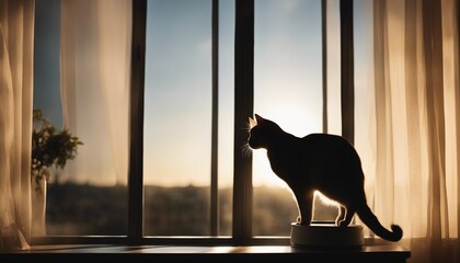 silhouette of a cat in the room looking out of the window 
