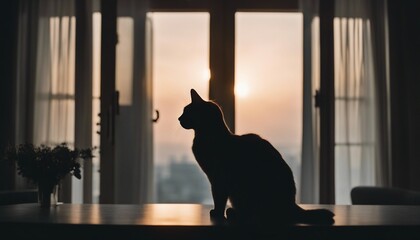 silhouette of a cat in the room looking out of the window 
