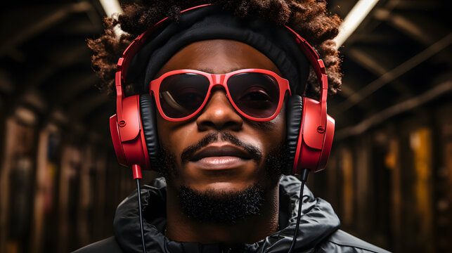 Portrait of Handsome Man Wearing Headphones Walking Through Night City Street Full of Neon Light. Smiling