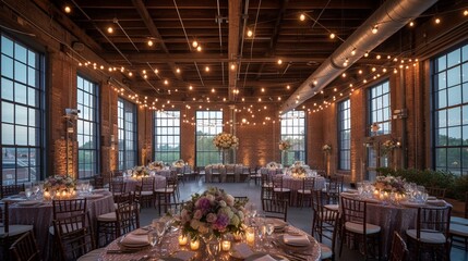 A modern industrial loft venue with exposed brick walls, industrial lighting, and urban chic decor,...