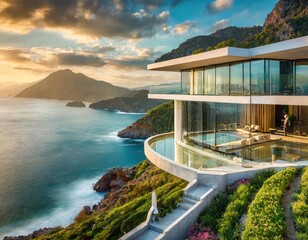 Fototapeta premium Woman in modern house overlooking ocean; open space office, large windows and panoramic view