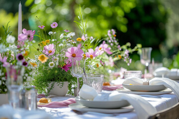 Obraz na płótnie Canvas Outdoor table setting with cosmos flowers and cutlery