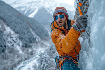 A focused climber with ice axes climbs a snow-covered cliff against the backdrop of a mountainous area. It is hacked into an ice wall with ice hammers.