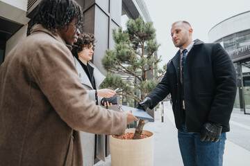 Three diverse business people engage in a discussion outdoors, standing near a potted pine tree, exchanging ideas via notebooks.