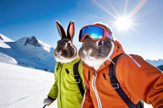 rabbit with snowboard in mountains