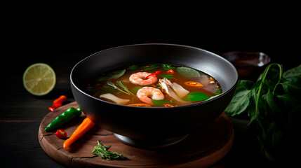 Thai delicious tom yam soup in a beautiful glaze in a dark green bowl