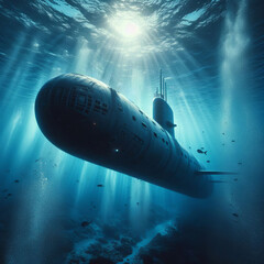 Military submarine underwater, illuminated by sun rays penetrating the deep, serene, blue sea.