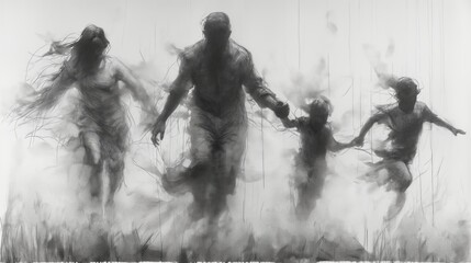 pencil drawing illustration, family refugees fleeing war into the unknown
