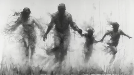 Foto op Plexiglas pencil drawing illustration, family refugees fleeing war into the unknown  © PERFECT PIC
