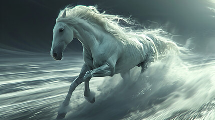 white horse running. generative ai  - obrazy, fototapety, plakaty