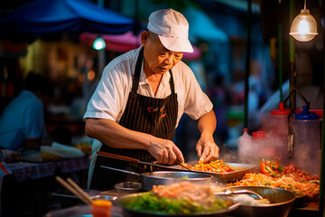 Chef prepares delicious pad thai in a street. - obrazy, fototapety, plakaty