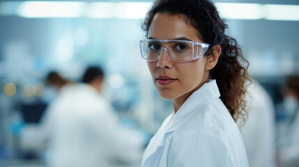 Confident young female scientist wearing a pristine white lab coat and protective glasses, engaged in research in a state-of-the-art medical lab. Her dedicated team visible in the  background