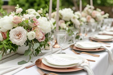 Obraz na płótnie Canvas Wedding table setting with white and pink roses and cutlery