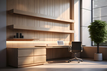 office room with a custom floating cabinet