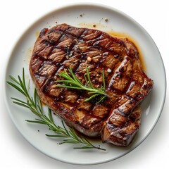 realistic grilled sirloin steak, Grilled steak with asparagus on white background