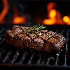 Realistic grilled steak on a grill. Grilled meat steak on stainless grill depot with flames on dark background. Food and cuisine concept.