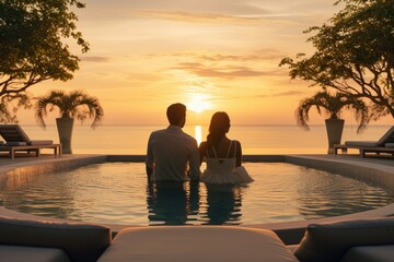 couple sitting at pool with sunbathing sunset sunrising - obrazy, fototapety, plakaty