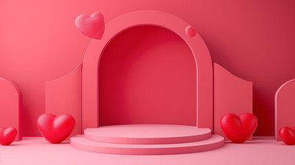 Pink podium with pink heart shape backdrop in pink space. Concept of Valentine's day celebration. Perfect platform for showing your products.